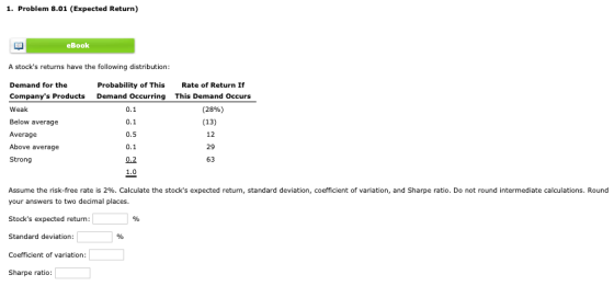 1. Problem 8.01 (Expected Return) eBook A stocks returns have the following distribution: Demand for the Companys Products