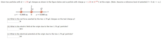 Given two particles with Q = 1.70-C charges as shown in the figure below and a particle with charge q = 1.34 x 10-18 C at the