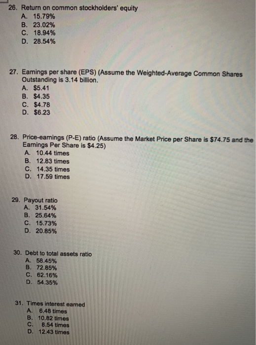 26. Return on common stockholders equity A. 15.79% B. 23.02% C. 18.94% D. 28.54% 27. Eamings per share (EPS) (Assume the wei