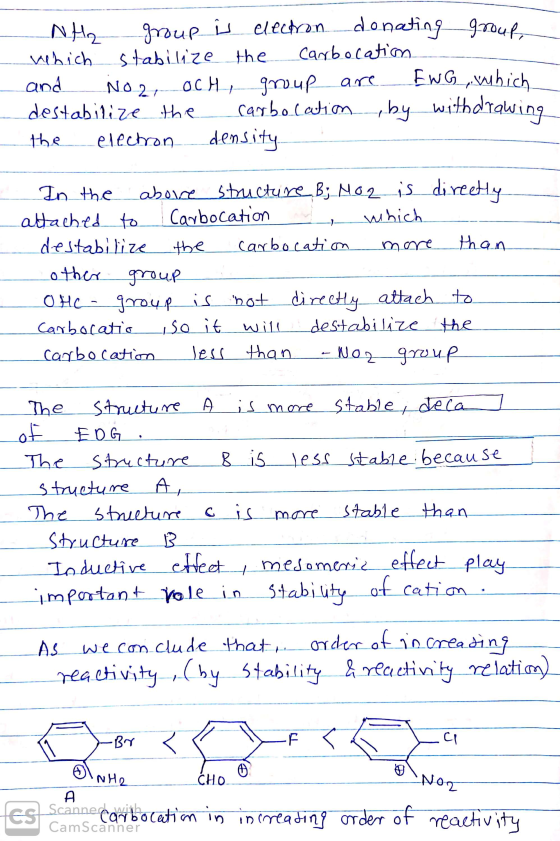 NH, group is electron donating group vehich stabilize the carbocation and No 2, Och, group are ENG which destabilize the carb