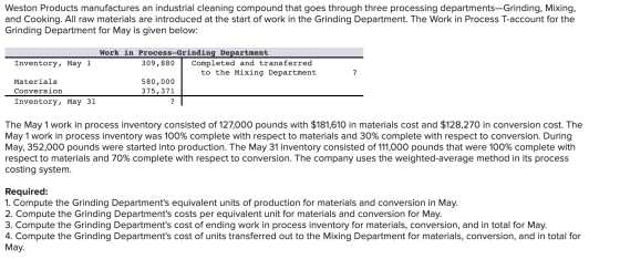 Weston Products manufactures an industrial cleaning compound that goes through three processing departments—Grinding, Mixing,