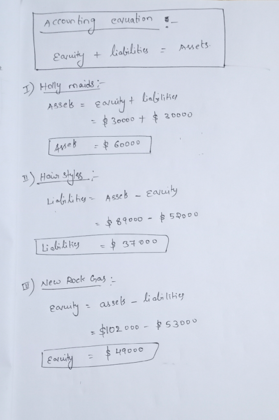 Accounting caruation liabilities = Eaquity + Assets I Holly maids Assels = εaruity & liabilities = $ 30000 + $ 30000 [ Assel