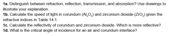 1a. Distinguish between refraction, reflection, transmission, and absorption? Use drawings to illustrate your explanation. 1b