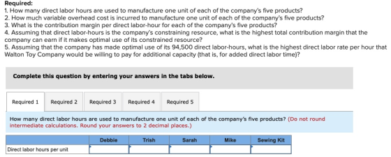 Required: 1. How many direct labor hours are used to manufacture one unit of each of the companys five products? 2. How much