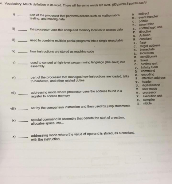 4. Vocabulary: Match definition to its word. There will be some words left over. (DUP some words left over. (50 points, 5 poi