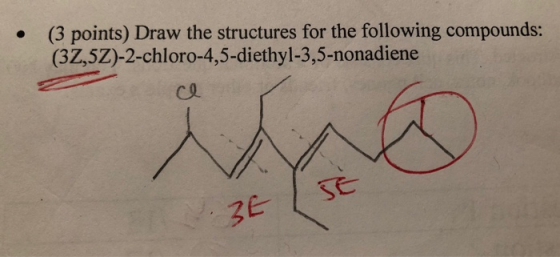 (3 points) Draw the structures for the following compounds: (3Z,5Z)-2-chloro-4,5-diethyl-3,5-nonadiene . ZE
