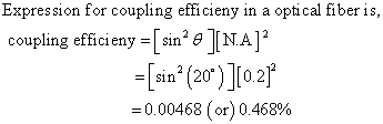 Expression for coupling efficieny in a opti cal fiber is coupling efficieny [sin][NA] = 0.00468 (or) 0.468%