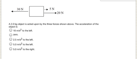 30 N SN 20N A 2.0 kg object is acted upon by the three forces shown above. The acceleration of the object is 10 m/s2 to the l