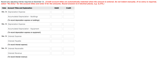 Record any adjusting entries required at December 31. (Credit account titles are automatically indented when the amount is en