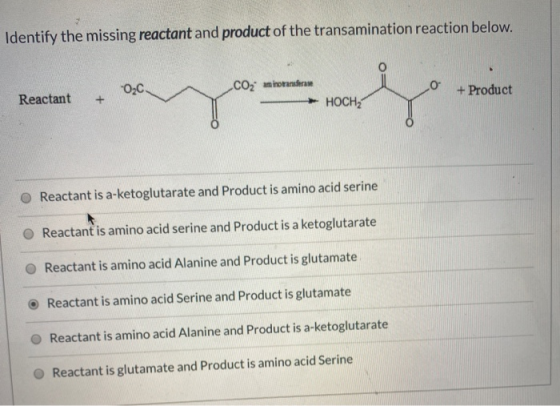 Identify the missing reactant and product of the transamination reaction below. OC CO2 an hondere O + Product Reactant + HOCH