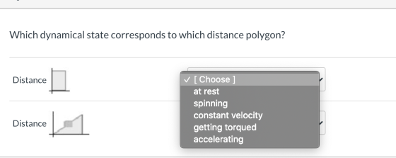 Which dynamical state corresponds to which distance polygon? Distance [Choose ] at rest spinning constant velocity getting to