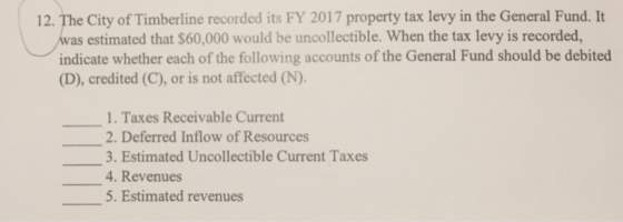 12. The City of Timberline recorded its FY 2017 property tax levy in the General Fund. It was estimated that $60,000 would be