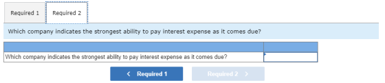 Required 1 Required 2 Which company indicates the strongest ability to pay interest expense as it comes due? Which company in