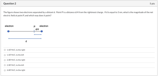 Question 2 5 pts The figure shows two electrons separated by a distant d. Point Pis a distance d/4 from the rightmost charge.