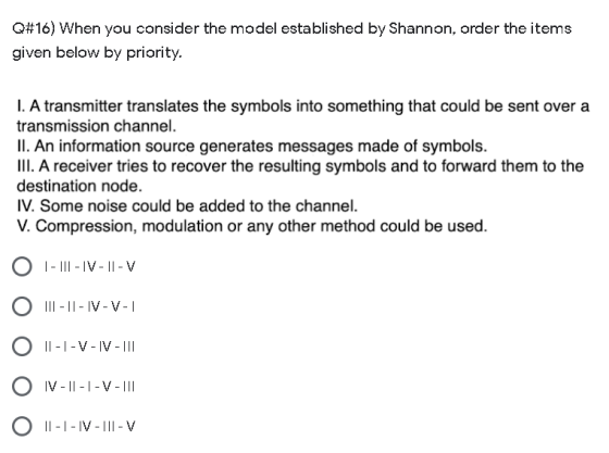 Q#16) When you consider the model established by Shannon, order the items given below by priority. 1. A transmitter translate