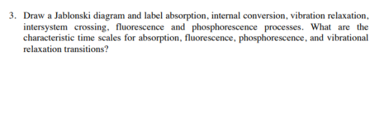3. Draw a Jablonski diagram and label absorption, internal conversion, vibration relaxation, intersystem crossing, fluorescen