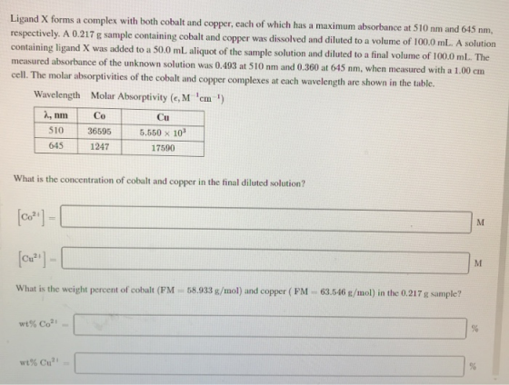 Ligand X forms a complex with both cobalt and copper, cach of which has a maximum absorbance at 510 nm and 645 nm, respective