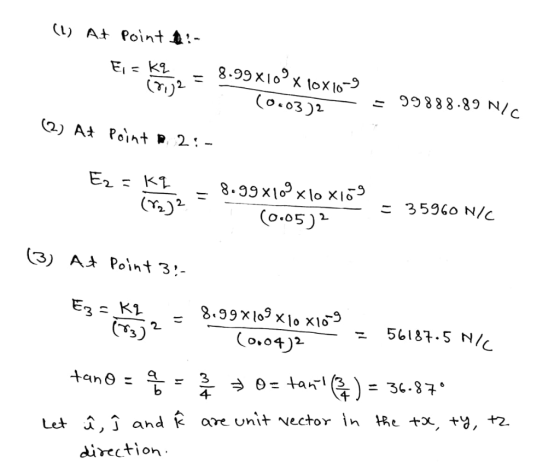 (1) At Point 2:- Ei = kq 8.99 WX (2,72 = (0.0312 = 99888.89 NL (2) At Point # 2:- F = 8.99x109 xlo x109 (72)2 = (0.05) = 3596