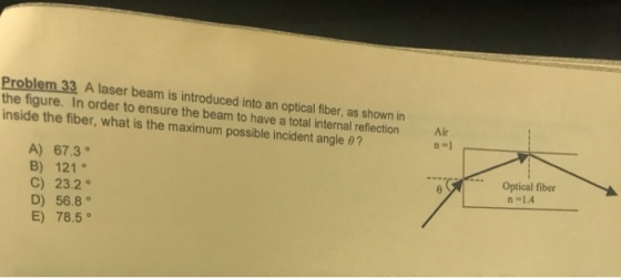 Problem 33 A laser beam is introduced into an optical fiber, as shown in the figure. In order to ensure the beam to have a total internal reflection r inside the fiber, what is the maximum possible incident angle ? n-1 A) 67.3° B) 121 C) 23.2° D) 56.8 E) 78.5° Optical fiber