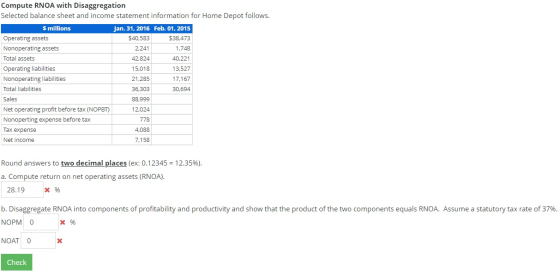 Compute RNOA with Disaggregation Selected balance sheet and income statement information for Home Depot follows. $ millions J