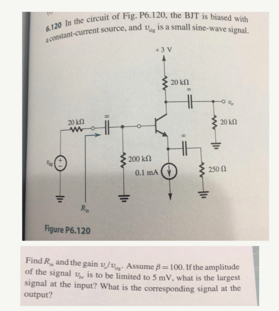 it of Fig. P6.120, the BJT is biased with nt source, and vsig is a small sine-wave signal. Fi 6.120 In the circuit +3 V 20 kΩ
