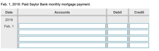 Feb. 1, 2019: Paid Saylor Bank monthly mortgage payment. Date Accounts Debit Debit Credit 2019 Feb. 1