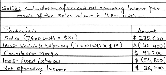 Sol.63 ) Calculation of revised net operating Income per month if the sales volume is 7,600 Vuits — Particulars Sales (7600