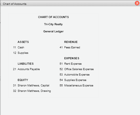 Chart of Accounts CHART OF ACCOUNTS Tri-City Realty General Ledger ASSETS REVENUE 41 Fees Earned 11 Cash 12 Supplies LIABILIT