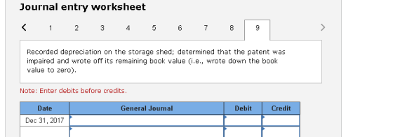 Journal entry worksheet < 1 2 3 4 5 6 7 8 9 > Recorded depreciation on the storage shed; determined that the patent was impai
