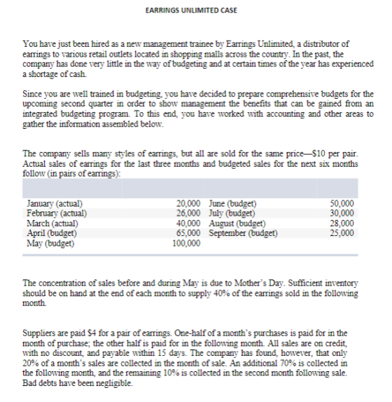 EARRINGS UNLIMITED CASE You have just been hired as a new management trainee by Earrings Unlimited, a distributor of earrings