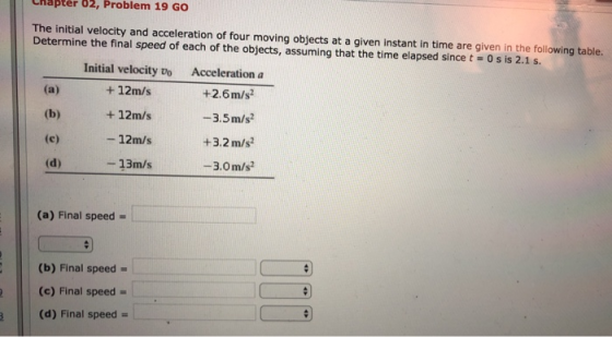 hapter 02, Problem 19 GO The initial velocity and acceleration of four moving objects at a given instant in time are given in the following table. Determine the final speed of each of the objects, assuming that the time elapsed since t 0 s is 2.1 s. Initial velocity vo +12m/s + 12m/s - 12m/s Acceleration a +2.6m/s -3.5m/s +3.2 m/s -3.0m/s? 13m/s (a) Final speed - (b) Final speed (c) Final speed - (d) Final speed-