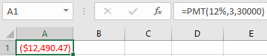 А1 : х v ft =PMT(12%,3,30000) B C D E A 1 | ($12,490.47)