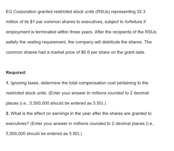 EG Corporation granted restricted stock units (RSUS) representing 32.3 million of its $1 par common shares to executives, sub