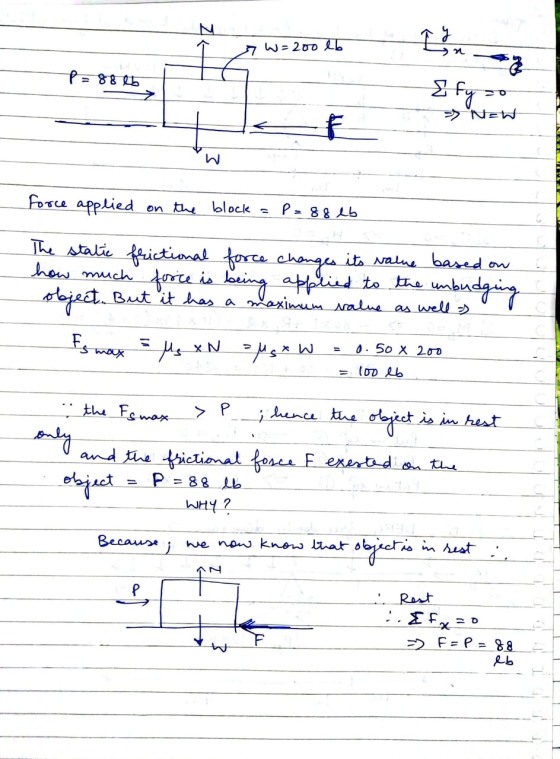N I 7 W = 200 lb n P = 88 lb Efyo -> New force applied on the block P=88 eb The static frictional force changes its value bas