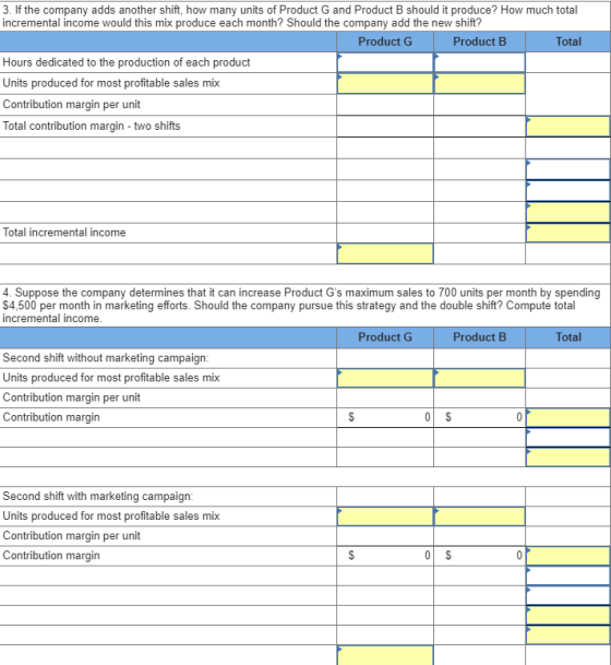 3. If the company adds another shift, how many units of Product G and Product B should it produce? How much total incremental
