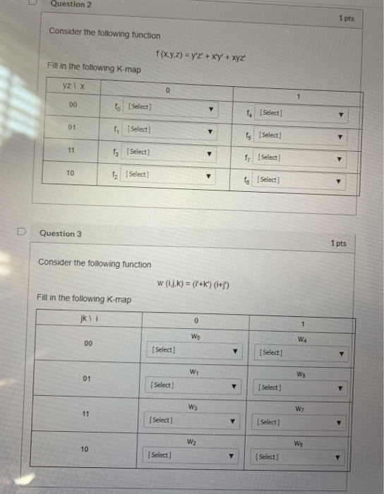 Question 2 1 pts Consider the following function f(x.y.z) = y2 + xy + xyz Fill in the following K-map yz Ix 00 Select 14 Sele