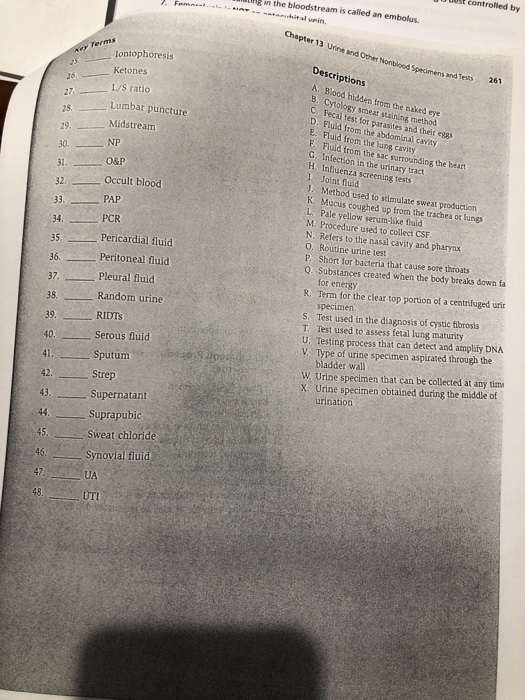 mg in the bloodstream is called an embolus. alin. US controlled by Chapter 13 Urine and Other Noble Semes and Tests Descripti