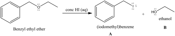 conc HI (aq)
HO
+
НО
ethanol
(iodomethyl)benzene
В
Benzyl ethyl ether
A
O
