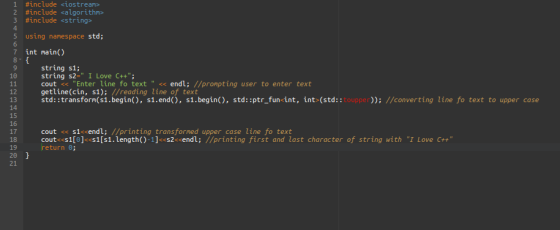 1 #include <iostream> 2 #include <algorithm> 3 #include <string> 4. 5 using namespace std; 6 7 int main() 8{ 9 string si; 10