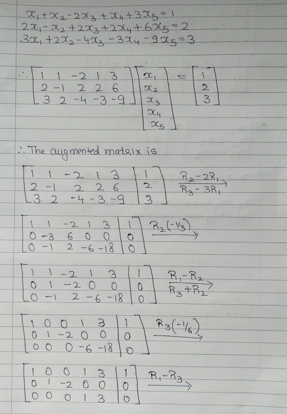 x, + 02 - 2x + x4 + 3 X5 = 1 2x, x₂+2x₂+2x4+ 605=2 3x1+2x₂ - 4x₂ - 3X4 - 9X5=3. 1 1 -2 13 2-1 2 2 6 3 2 -4-3-9 X2 X3 X4 1 2 3