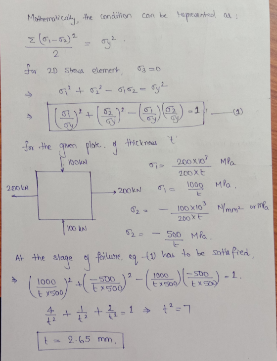 Mathematically the condition can be represented ass 2 (0,–82)2 – og 2 for 2D Stress element, 320 0²+52 - 5962 = Sy2 for the g