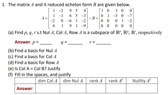 1 1. The matrix A and it reduced echelon form B are given below. 1 -2 9 5 4 1 0 3 0 0 -1 6 5 -3 0 1 -3 0 -7 A= ~B= -2 0 -6 1