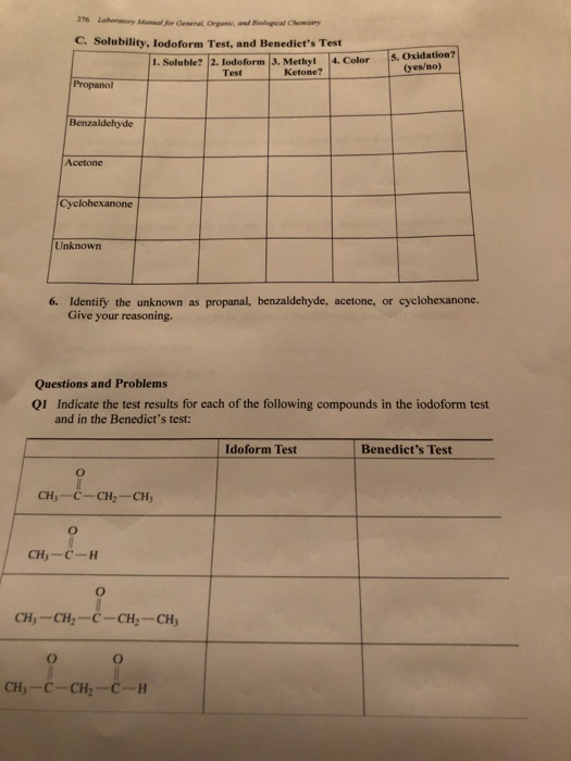 276 Laborary Awwal w Generator and logical Chemistry C. Solubility, lodoform Test, and Benedicts Test 1. Soluble? 2. lodofor
