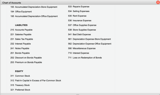 Chart of Accounts 193 Accumulated Depreciation-Store Equipment 533 Repairs Expense 534 Selling Expenses 194 Office Equipment