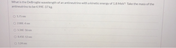 What is the DeBroglie wavelength of an antineutrino with a kinetic energy of 1.8 MeV? Take the mass of the antineutrino to be