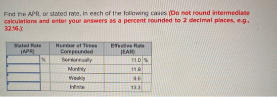 Find the APR, or stated rate, in each of the following cases (Do not round intermediate calculations and enter your answers a