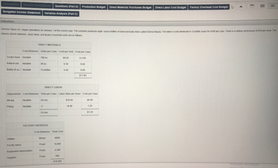 Instructions Amount Descriptions Questions (Part A) Production Budget Budgeted Income Statement Variance Analysis (Part C) Di