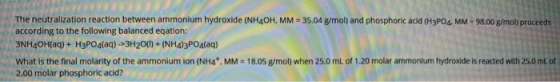 The neutralization reaction between ammonium hydroxide (NH4OH, MM = 35.04 g/mol) and phosphoric acid (H3PO4, MM 98.00 g/mol)