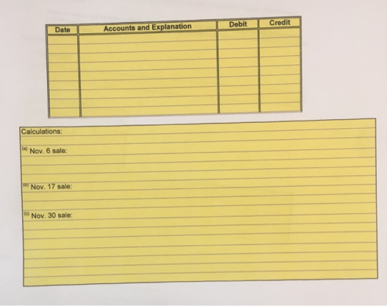 Date Accounts and Explanation Debit I Credit Calculations: (a) Nov. 6 sale: Nov. 17 sale: (0) Nov. 30 sale: