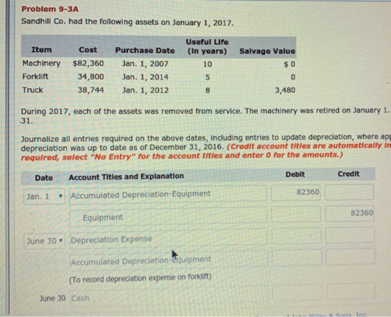 Problem 9-3A Sandhill Co. had the following assets on January 1, 2017. Useful Life (In years) Item Machinery Forklift Truck S